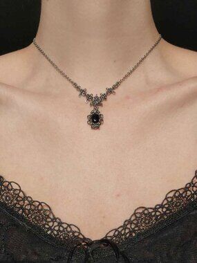 Gothic black onyx and silver chainmail choker necklace